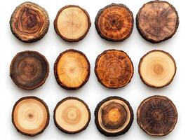 Twelve Wooden Cross Sections Arranged in a Grid Pattern photo