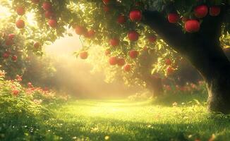 Sunlit Orchard Lush Green Grass Red Apples Abundant Harvest photo