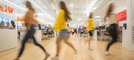 Blurred Motion of People Walking in Modern Office Corridor photo