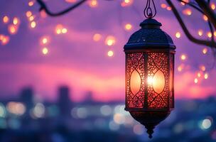 Illuminated Lantern Hanging Against Twilight Cityscape photo