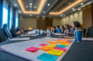 Colorful sticky notes on a document during a business meeting photo