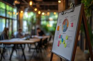 A whiteboard displays a pie chart and notes in a cafe setting photo