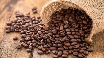 Rustic Coffee Beans Spilled from Burlap Sack on Wooden Table Top View photo