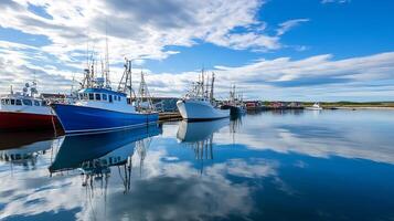 Picturesque Harbor with Colorful Fishing Boats and Reflective Water Under Blue Sky photo