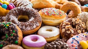 Assortment of Colorful Donuts with Sprinkles Candy and Chocolate in Sweet Display photo