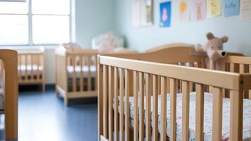 Cozy nursery room with cribs and plush toys in warm inviting atmosphere for infants photo