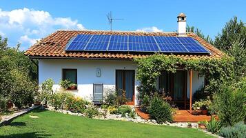 Eco-Friendly Small House with Solar Panels in Green Garden Setting photo