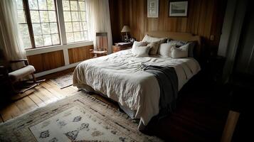 Cozy Rustic Bedroom with Vintage Decor and Natural Light Through Large Windows photo