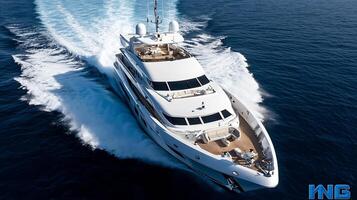 Dynamic aerial view of a luxurious yacht cruising at high speed in the ocean photo