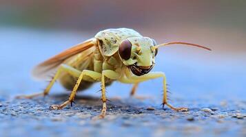 Macro Close Up of Grasshopper on Blue Surface Vibrant Colors and Intricate Details photo