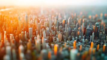 Panoramic View of Urban Metropolis Skyline Illuminated by Warm Sunset Glow photo