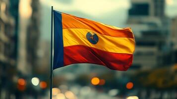 Vibrant Flag Waving Against Urban Backdrop During Sunset in Depth of Field Photography photo