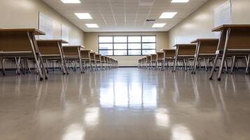 Empty Classroom with Modern Furniture and Large Windows for Bright Learning Environment photo