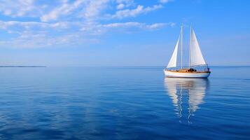 Serene Sailboat Reflected on Calm Blue Ocean Under Clear Sky photo