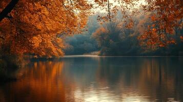 Serene Autumn Lake With Reflections of Colorful Foliage in Tranquil Natural Setting photo