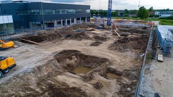 Empty Construction Site Prepared for New Building Structure Under Cloudy Sky Conditions photo