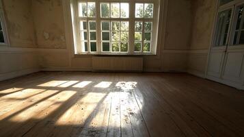 Sunlit Empty Room with Wooden Floor and Large Windows photo