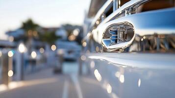 Luxury Yacht Detail with Gleaming Metal and Soft Bokeh Effect in Marina Setting photo