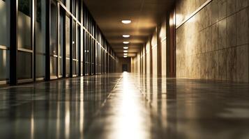 Quiet and Polished Office Corridor with Shiny Wooden Floor and Soft Lighting for a Modern Work Environment photo