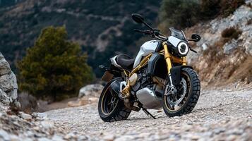 Adventure Motorcycle on Rugged Rocky Trail with Scenic Mountain View photo