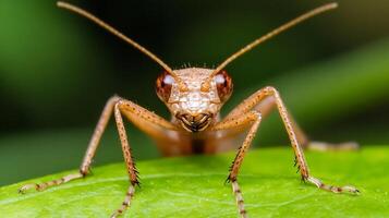 Macro of Brown Insect on Green Leaf Displaying Intricate Patterns and Textures photo