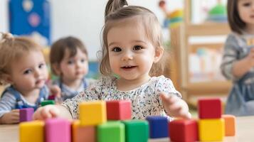 Smiling Toddler Playing with Colorful Toy Blocks in Preschool Setting photo
