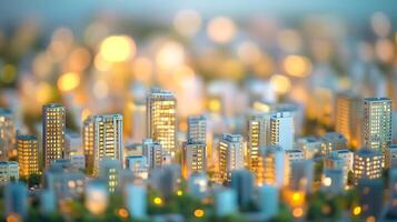 Aerial View of a City with Illuminated Windows and Blurred Lights at Dusk photo