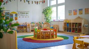 Bright and Colorful Kindergarten Classroom with Playful Decor and Furniture Setup photo
