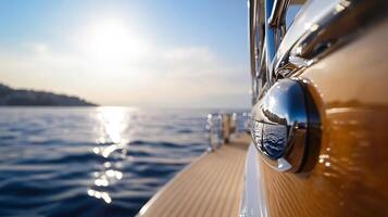 Luxurious Yacht Bow Reflecting Sunlight on Open Ocean during Tranquil Coastal Cruise photo
