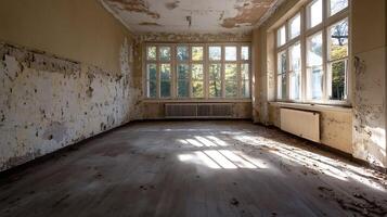 Old Abandoned Classroom with Peeling Walls and Sunlight Streaming Through Windows photo
