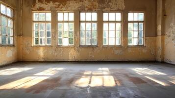 Sunlit Abandoned Room with Weathered Walls and Windows Casting Light into Vintage Space photo