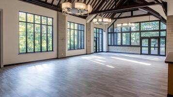 Spacious modern loft style interior with large windows and open floor photo