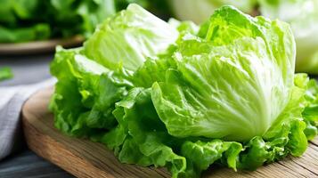 Fresh Crisp Lettuce on Wooden Board Ready for Healthy Salad Preparations photo