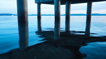 Calm waterfront view under bridge with reflected water in peaceful setting photo