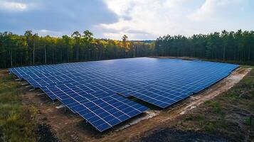 Expansive Solar Panel Farm in Woodland Area for Sustainable Energy Production and Environmental Conservation photo