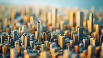 Vibrant cityscape with blurred foreground depicting a bustling urban skyline at sunset photo