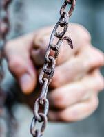 Close Up of Rusty Chain Held Tightly in Hand Symbolizing Strength and Hardship photo