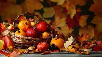 Festive autumn basket with miniature pumpkins and fallen leaves outdoor display photo