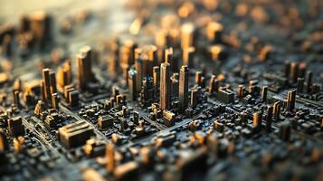 Futuristic Miniature Model of a Cityscape with Illuminated Skyscrapers at Night photo