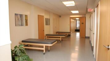 Empty Hospital Corridor with Benches and Artwork on the Walls photo