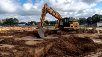 Yellow Excavator at Construction Site on Cloudy Day Heavy Equipment Operation photo