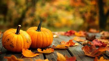 Harvest season pumpkins with colorful autumn leaves on rustic wooden table photo