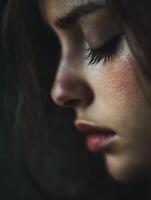 Close up portrait of a young woman with soft features and serene expression photo