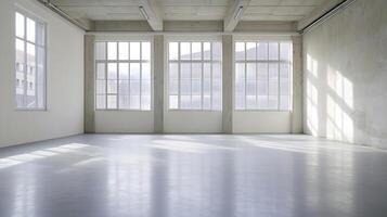 Sunlit Empty Industrial Loft Space with Large Windows and Exposed Concrete photo