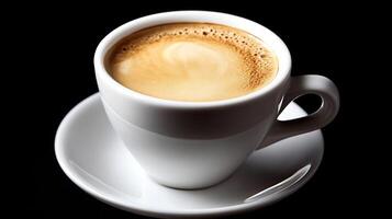 White Cup of Creamy Espresso on Black Background Emphasizing Luxurious Coffee Experience photo