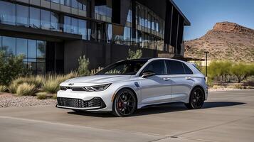 Modern White Hatchback Car Parked in Front of Contemporary Building in Desert Setting photo