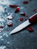 Close-up of Sharp Knife Blade with Red Glass Shards on Dark Surface photo