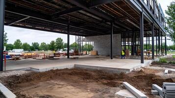 Modern Construction Site with Steel Framework and Open Building Structure in Progress photo