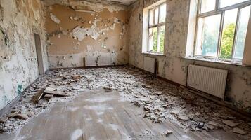 Abandoned Building Interior with Crumbling Walls and Debris on Floor Daylight Through Windows photo