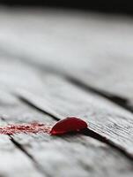 Single Rose Petal Resting on Wooden Surface with Soft Red Lighting photo